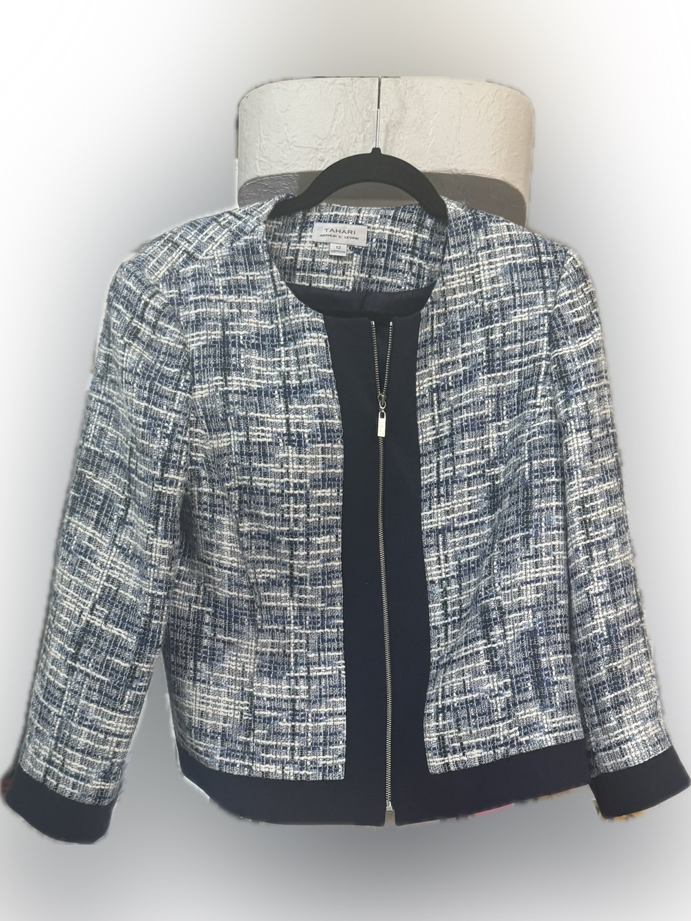 Tahari Navy & White Tweed Zip-Front Jacket w sparkle sz 12